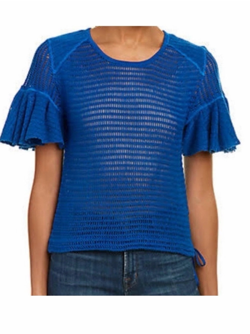 Free People Royal Blue Open-Knit Ruffle Sleeve Top